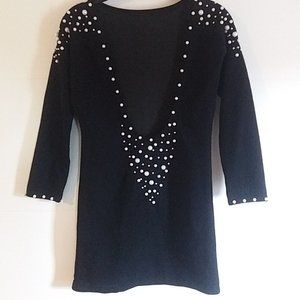 Women's Backless Mini Dress With Beaded Trim/Faux Pearls - Black - Size Small
